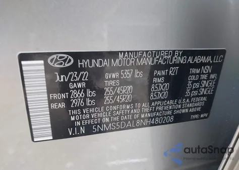 2022 Hyundai Santa Fe Calligraphy z USA, uszkodzony, nr VIN 5NMS5DAL8NH480208